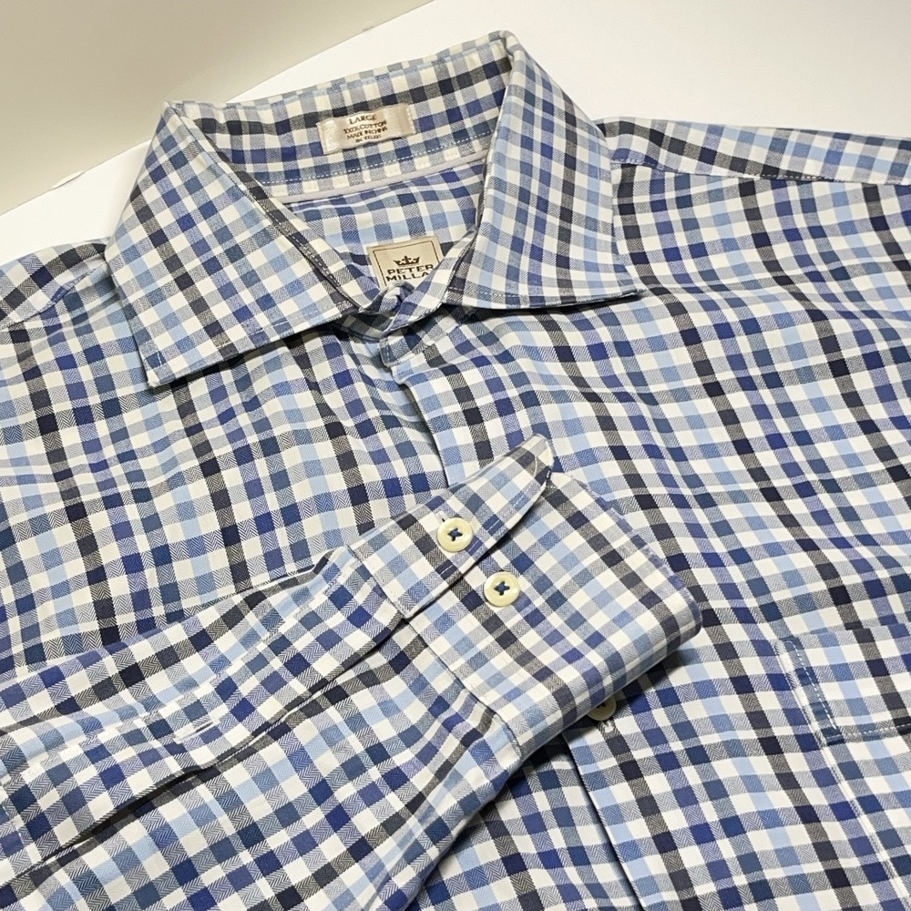 Peter Millar Mens L Multicolor Blue Plaid Button Up Shirt L/S Classic Preppy